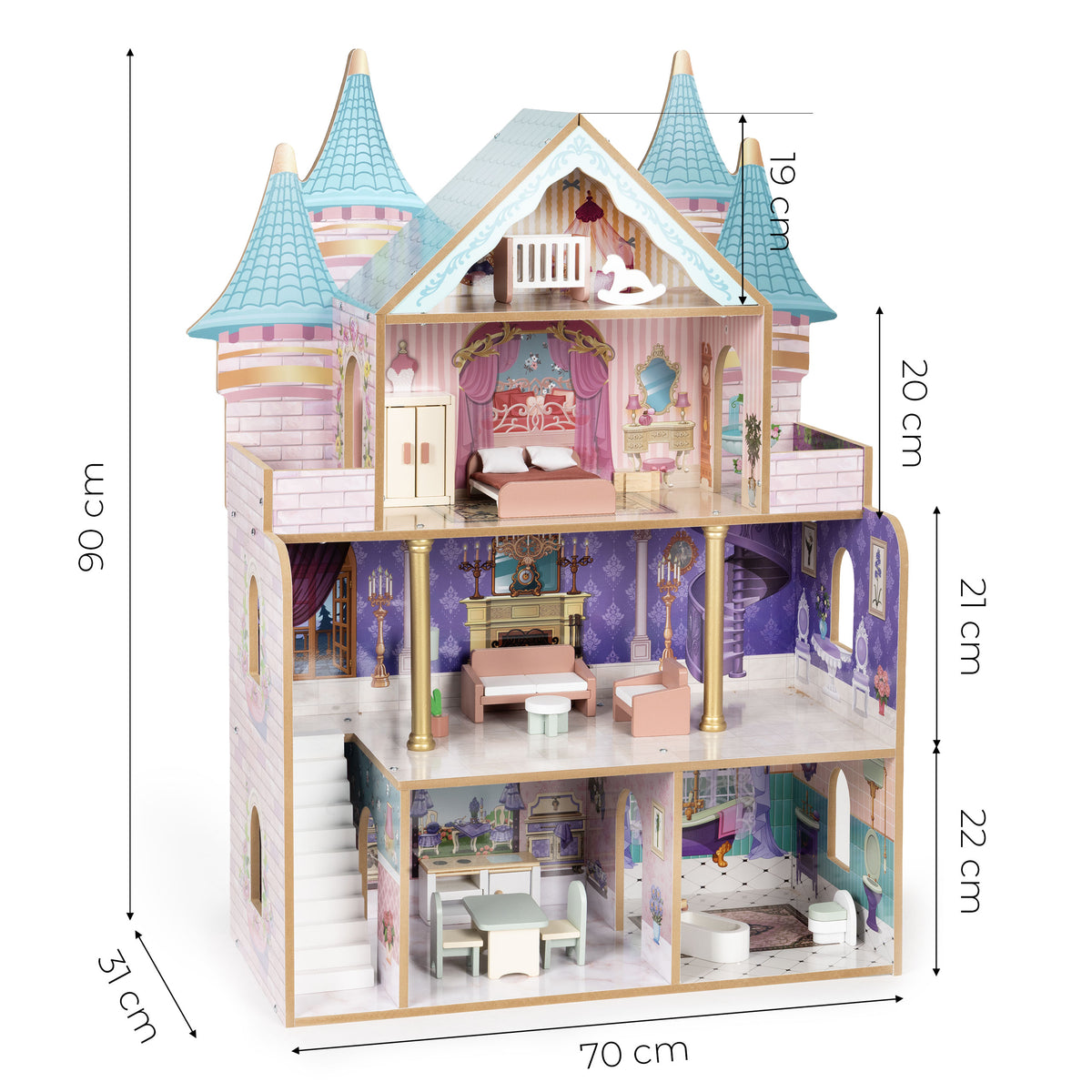 Koka leļļu māja “Bella Castle”, 4 stāvi, 5 istabas, 15 mēbeles | EcoToys