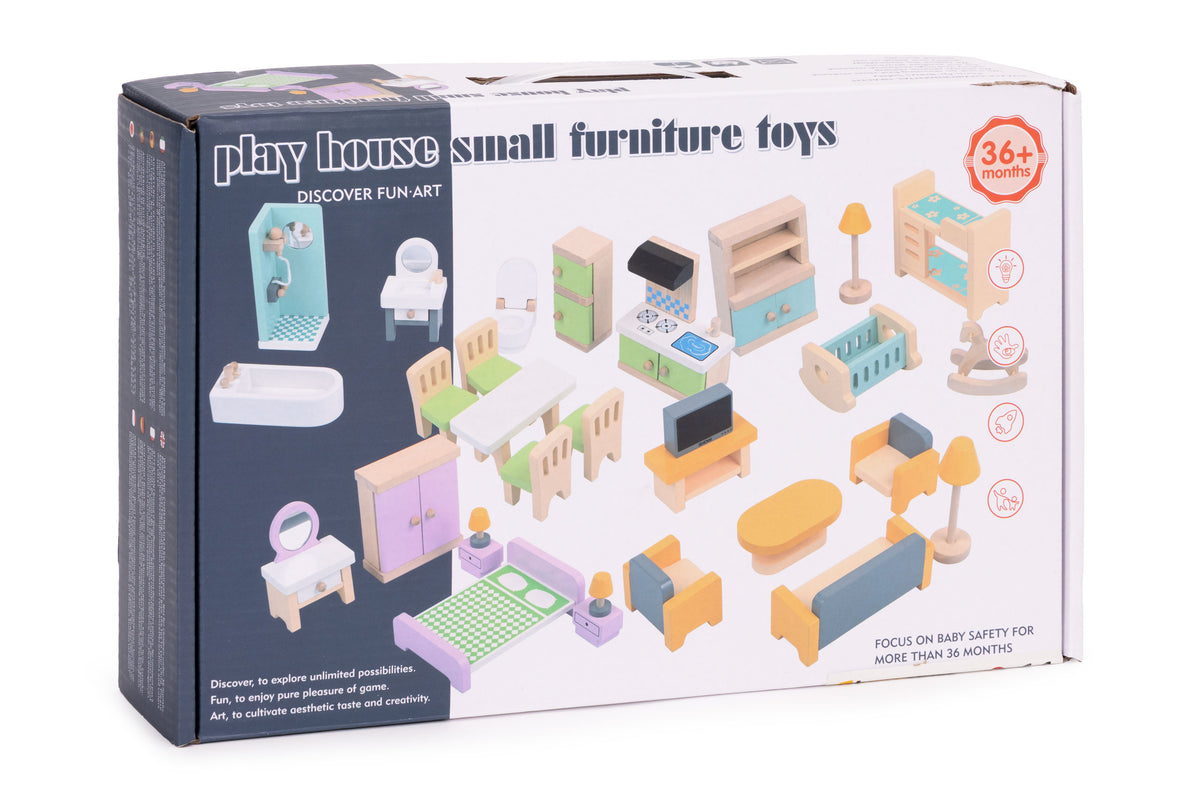 Koka leļļu mājas mēbeļu un piederumu komplekts, 30 gab. | EcoToys