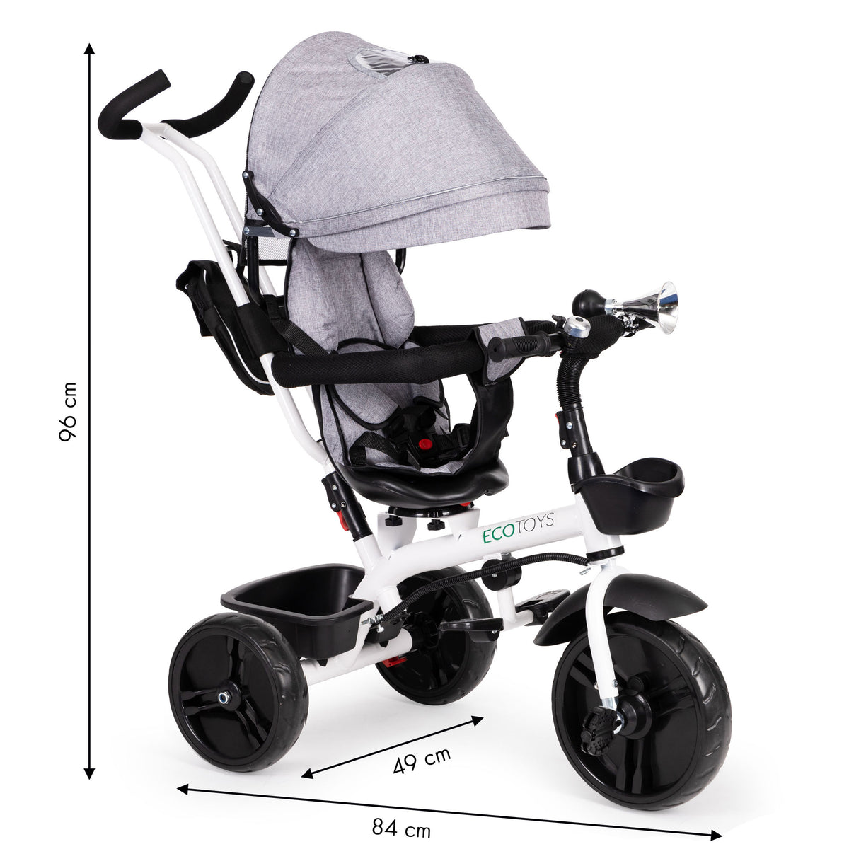 Trīsritenis ar 360° grozāmu sēdekli un jumtiņu, pelēks | EcoToys
