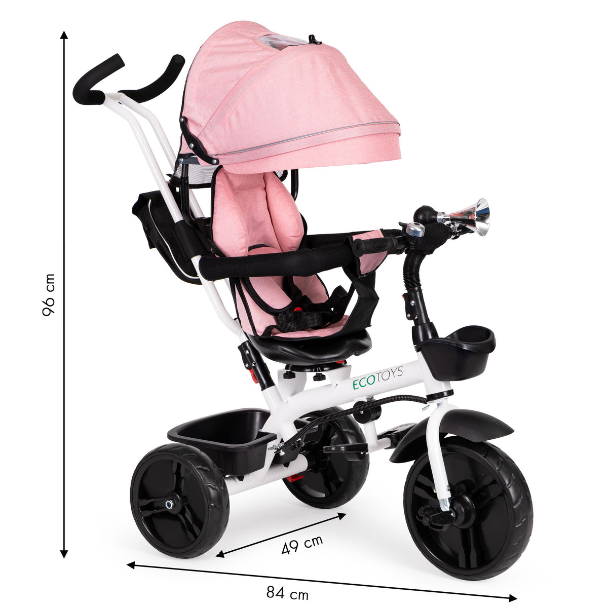 Trīsritenis – ratiņi ar 360° grozāmu sēdekli, rozā | EcoToys