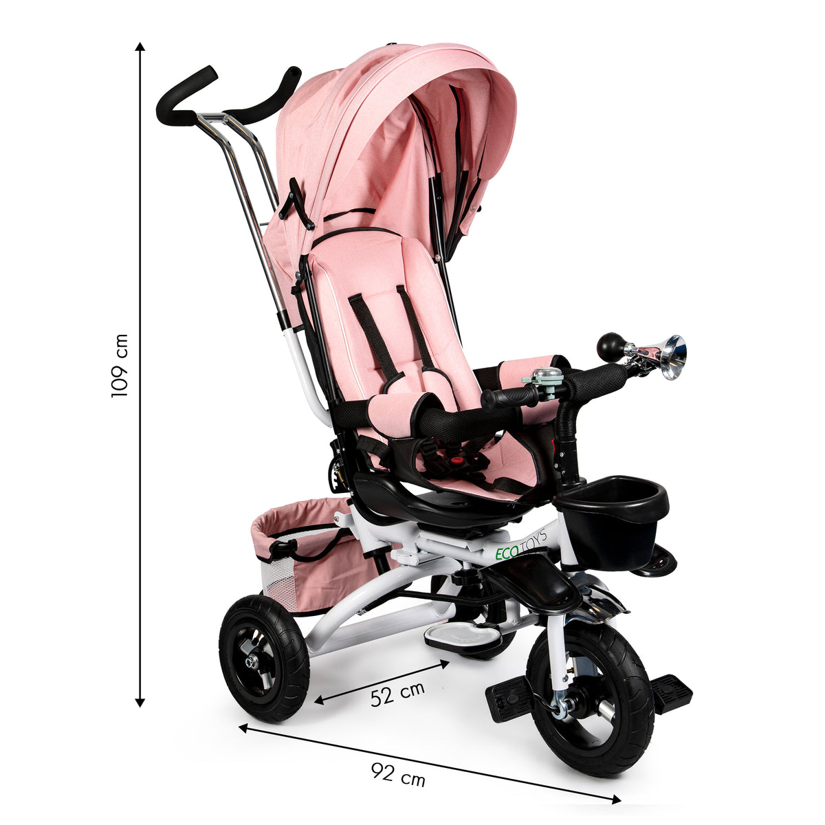 Trīsritenis ar 360° grozāmu sēdekli un jumtiņu Deluxe, rozā | EcoToys