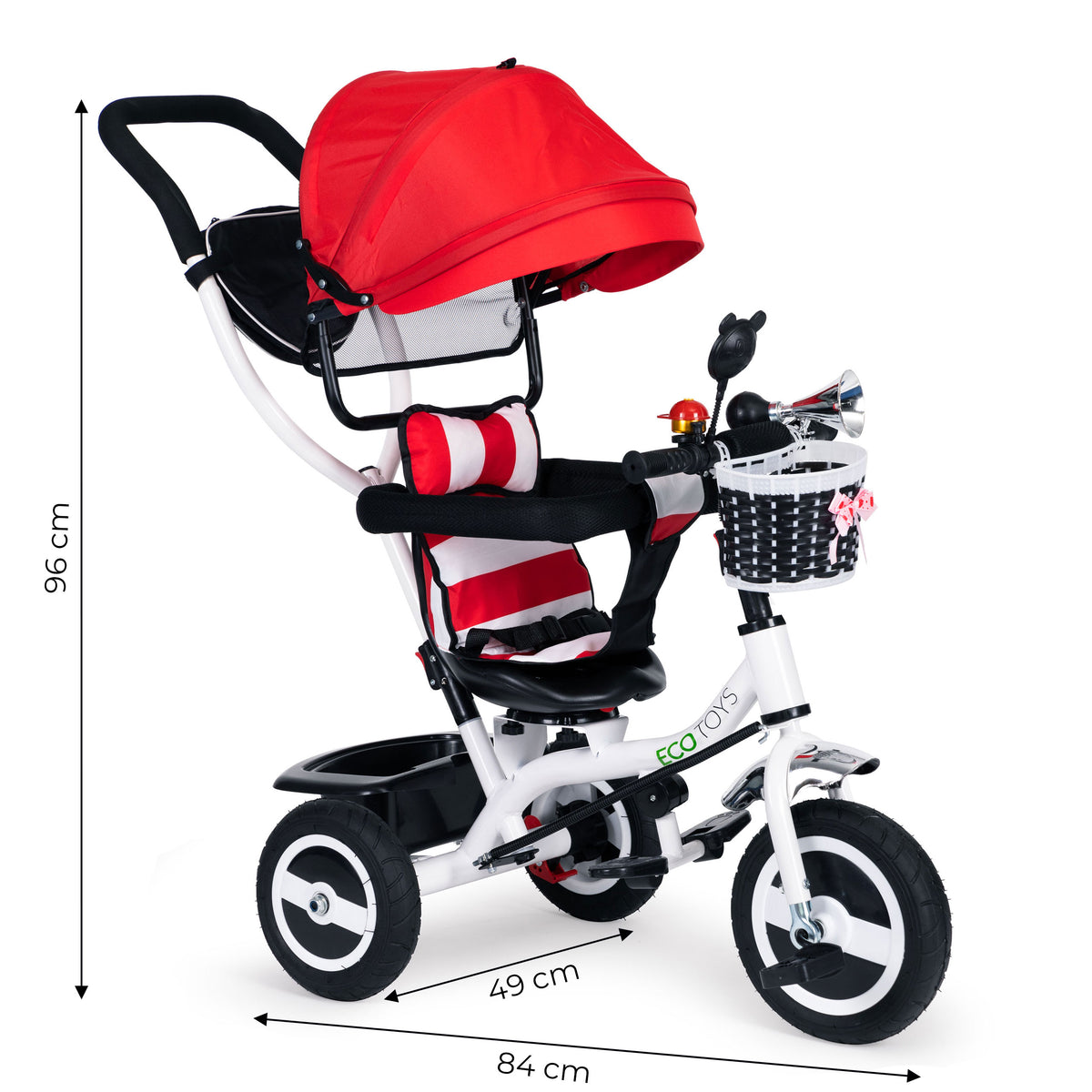Trīsritenis ar jumtiņu un gumijas riteņiem, sarkans | EcoToys