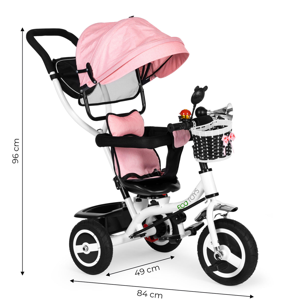 Trīsritenis ar jumtiņu un gumijas riteņiem, rozā | EcoToys