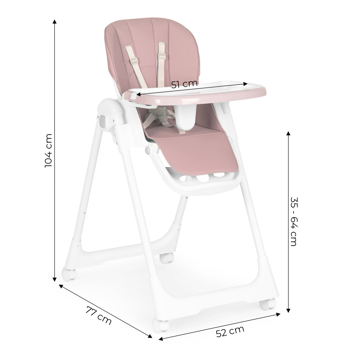 Barošanas krēsliņš ar regulējamu augstumu, eko ādu, drošības jostu un dubultu paplāti, rozā | EcoToys