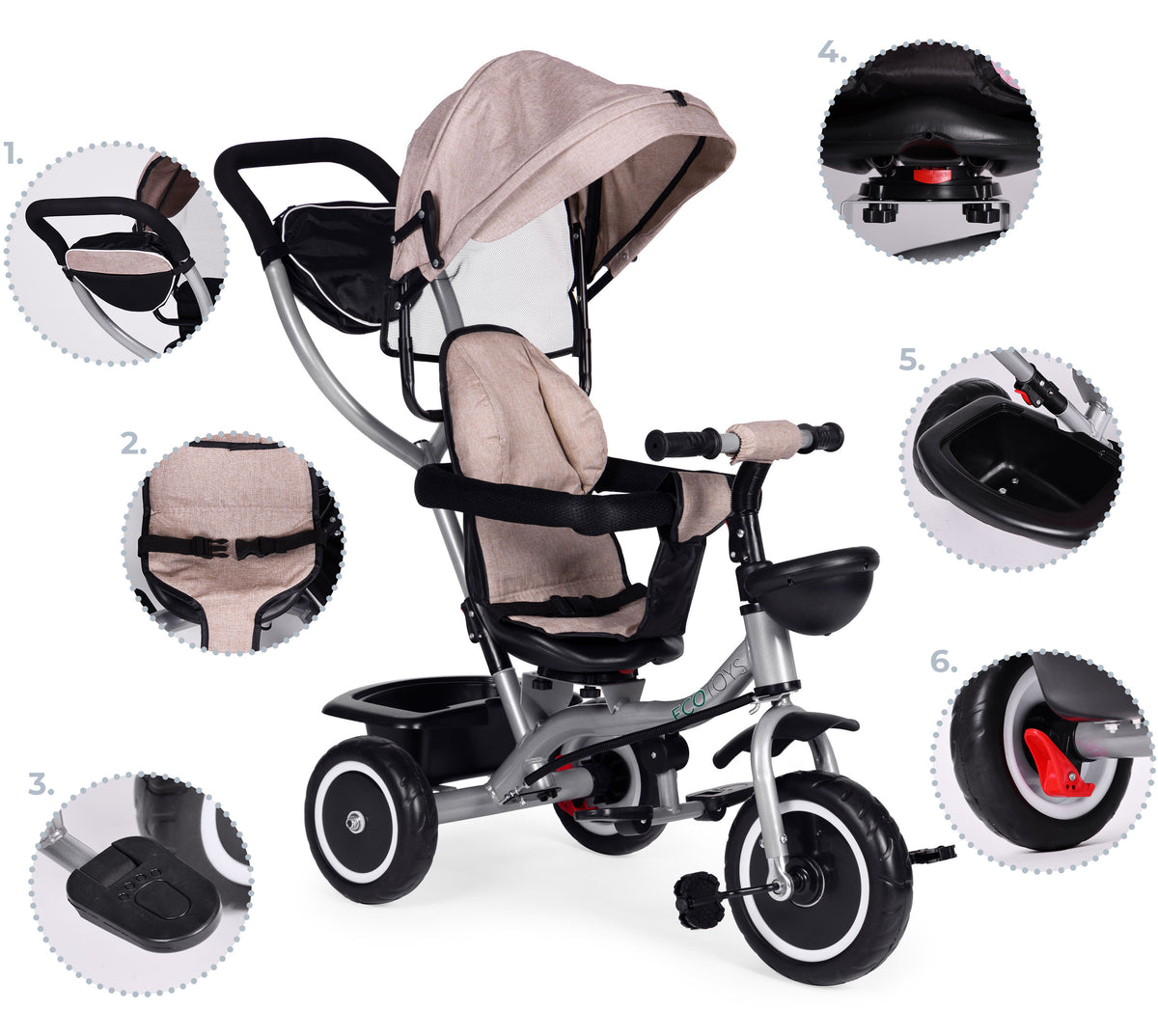 Trīsritenis – ratiņi 2in1 ar grozāmu sēdekli un saliekamu jumtiņu, bēšs | EcoToys