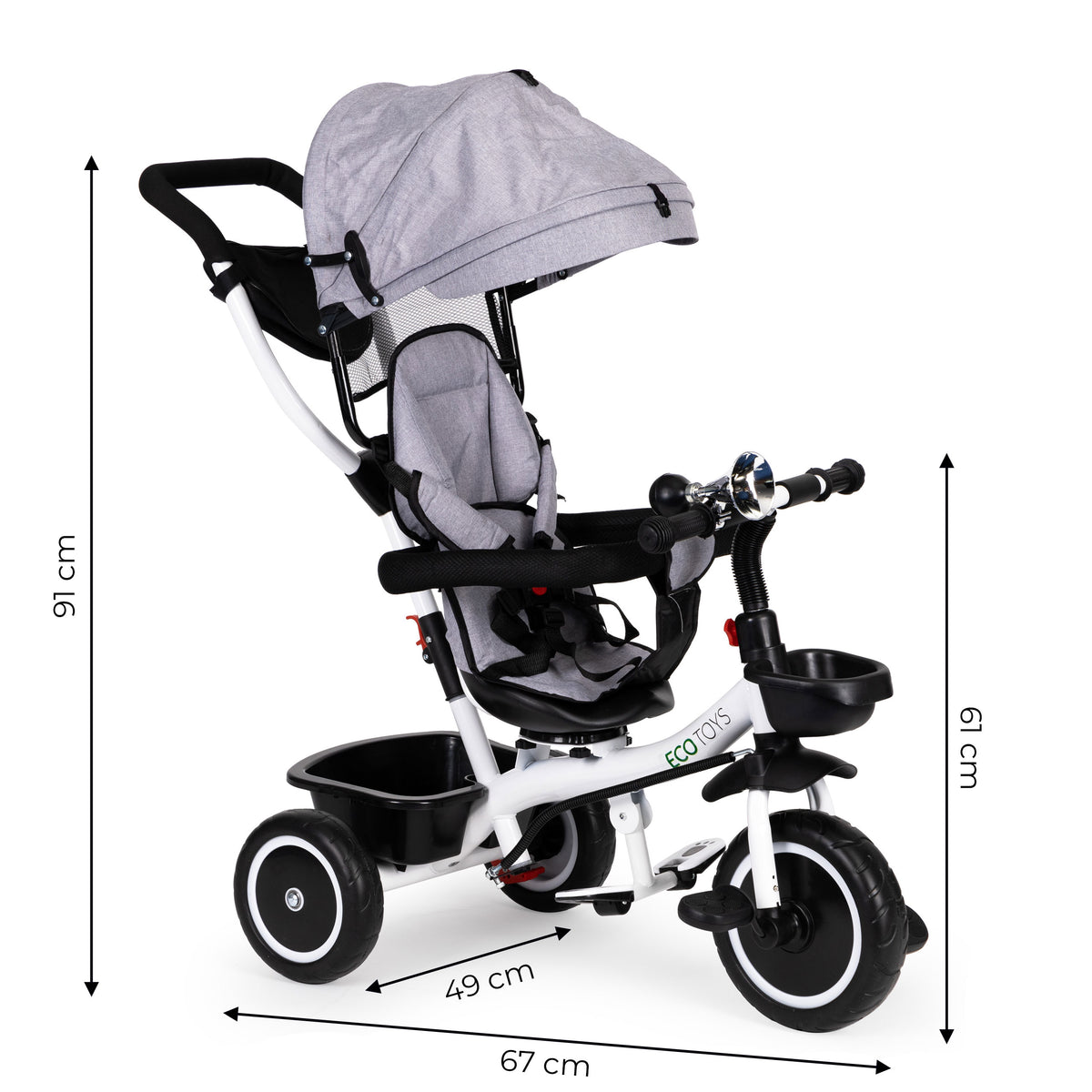 Trīsritenis – ratiņi ar 360° grozāmu sēdekli, pelēks | EcoToys