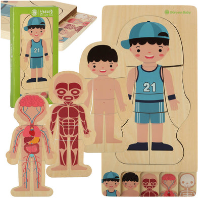 Koka kārtainās puzles montessori ķermeņa veidošanas zēns