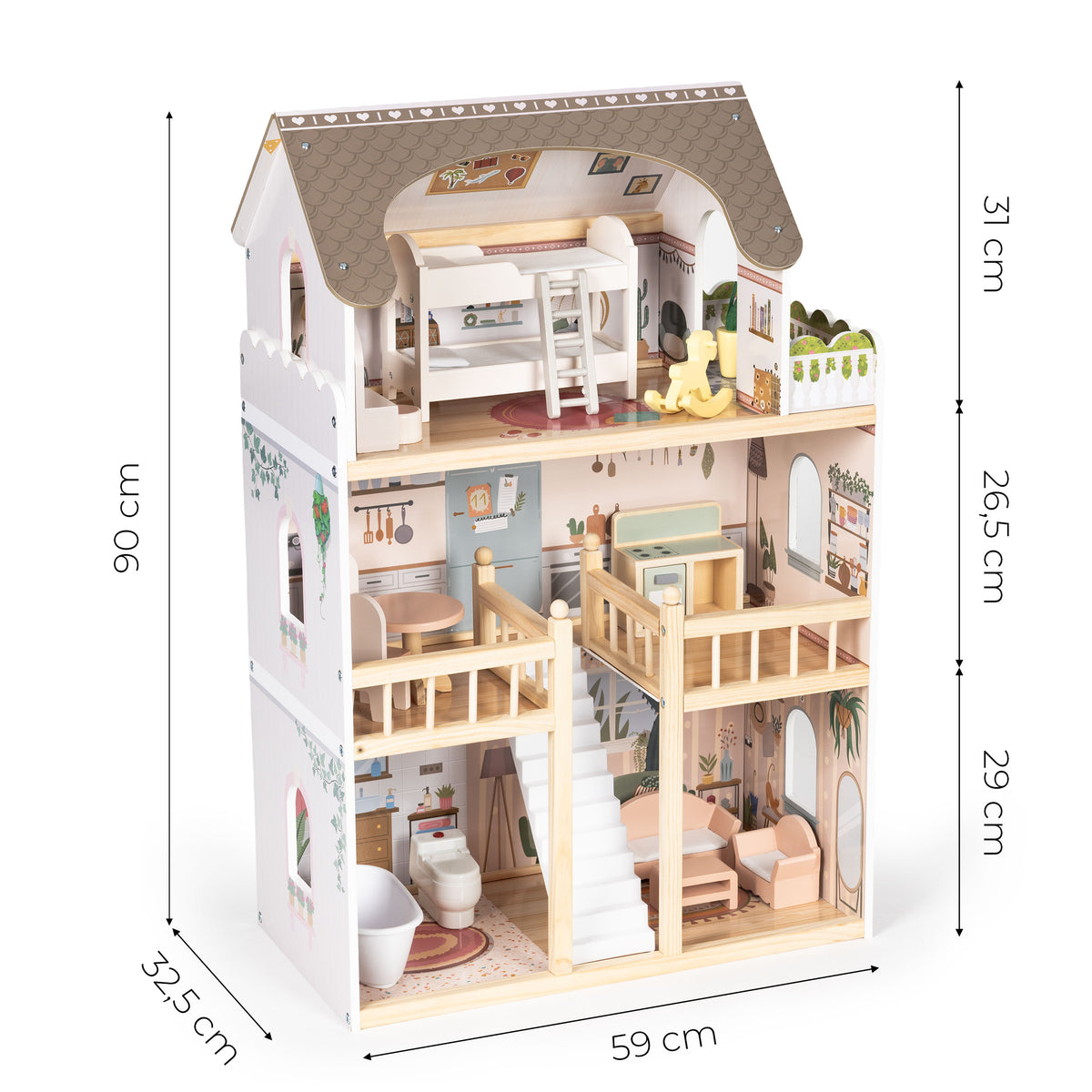 Koka leļļu māja “Laura”, 3 stāvi, 5 istabas, 15 mēbeles | EcoToys