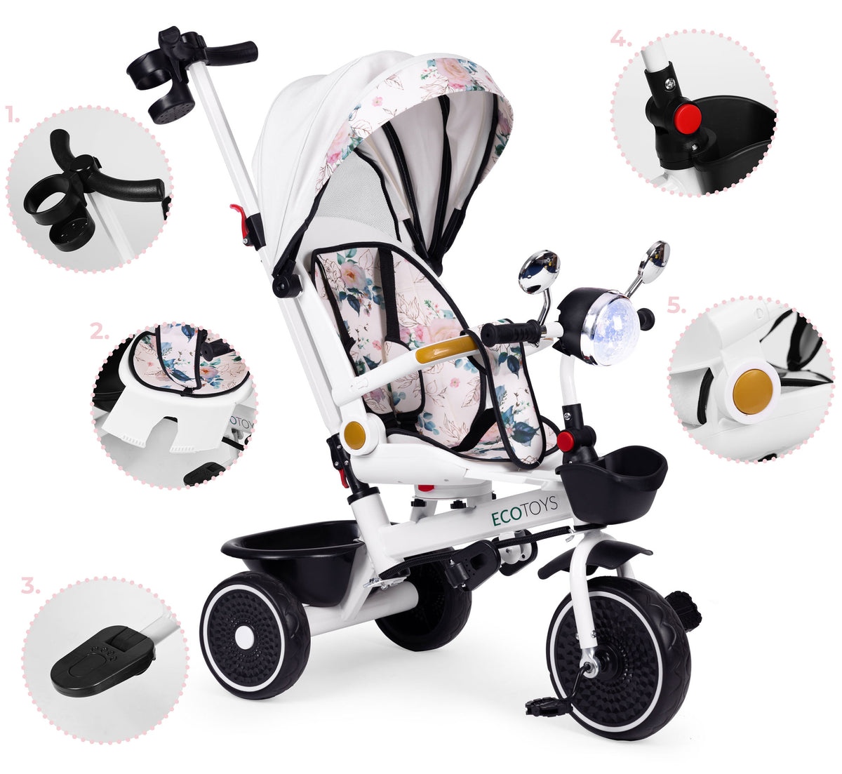 Trīsritenis – ratiņi ar grozāmu sēdekli, stumšanas rokturi un jumtiņu | EcoToys