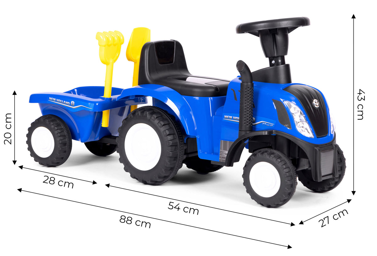 Bērnu stumjamais traktors New Holland ar piekabi, interaktīvu stūri un skaņām, zils | EcoToys