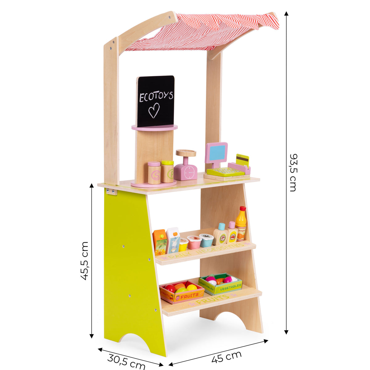 Liela koka tirgus lete bērniem ar termināli, svariem, augļiem un dārzeņiem, 20 gab. | EcoToys