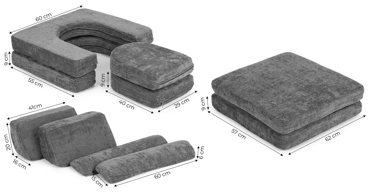 Liels saliekams modulārs divvietīgs bērnu dīvāns DIY, 10 mīksti spilveni, šenila, pelēks | EcoToys