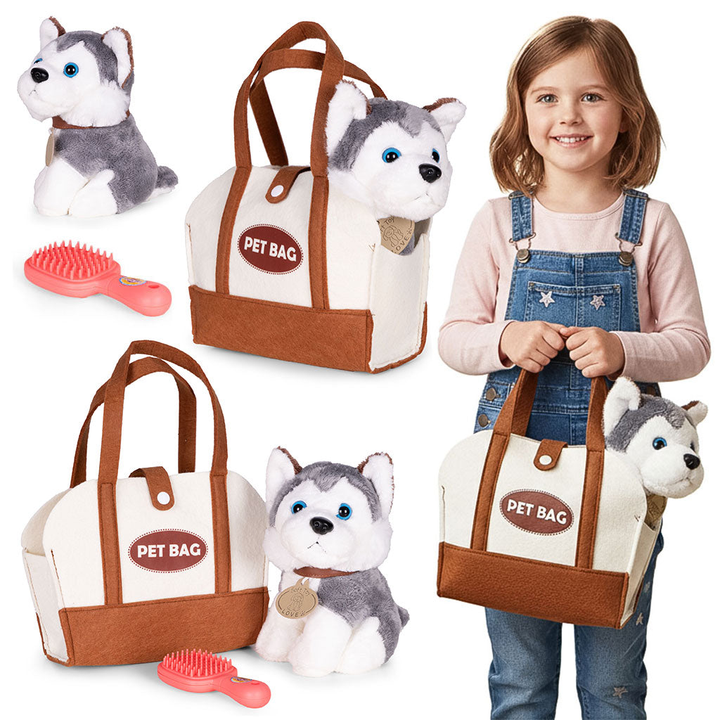 Plīša kucēns somā “Haskijs” + suku birste | EcoToys