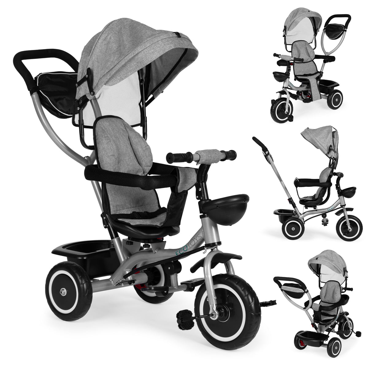 Trīsritenis – ratiņi 2in1 ar grozāmu sēdekli un saliekamu jumtiņu, pelēks | EcoToys