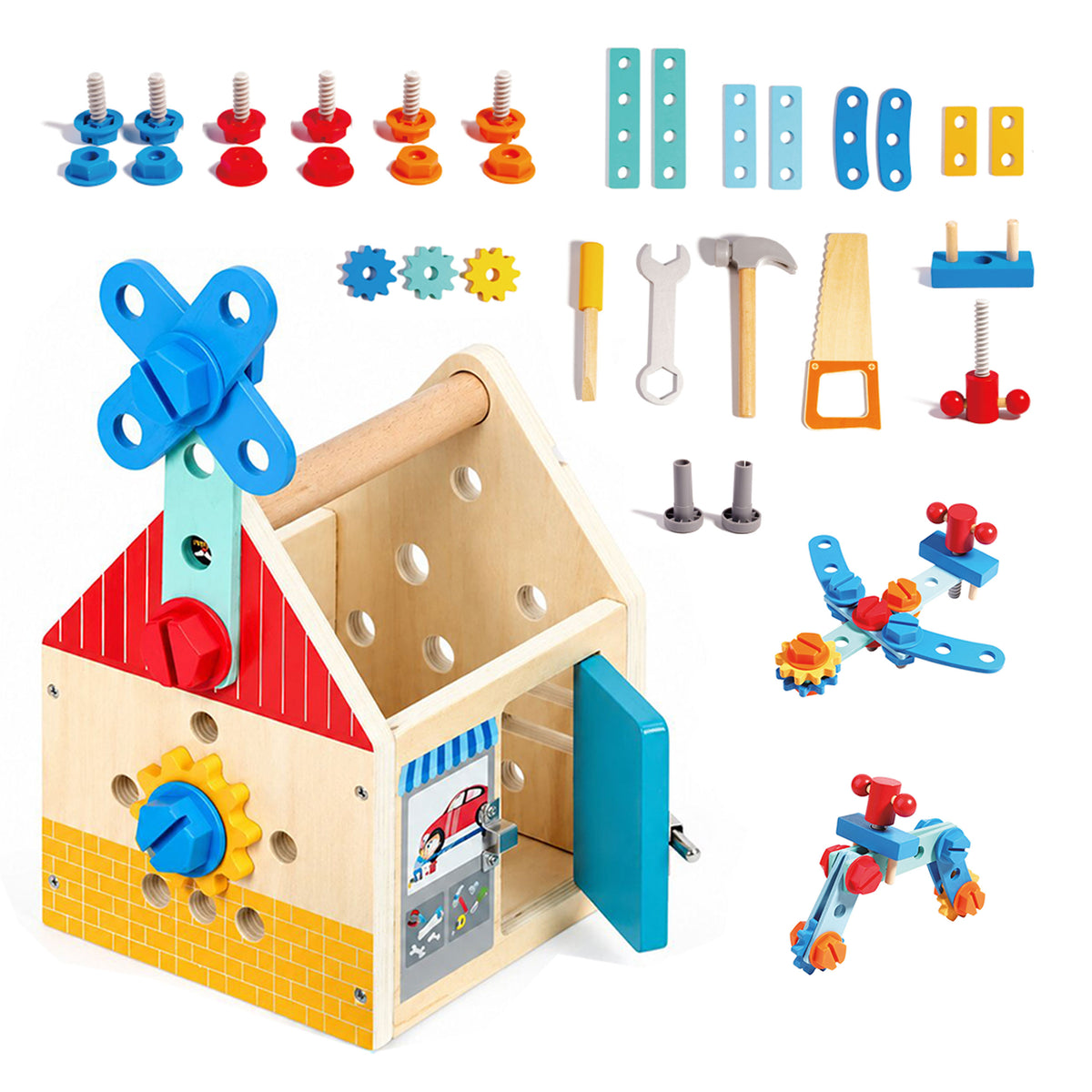 Koka instrumentu mājiņa DIY ar āmuru un skrūvēm, 32 gab. | EcoToys