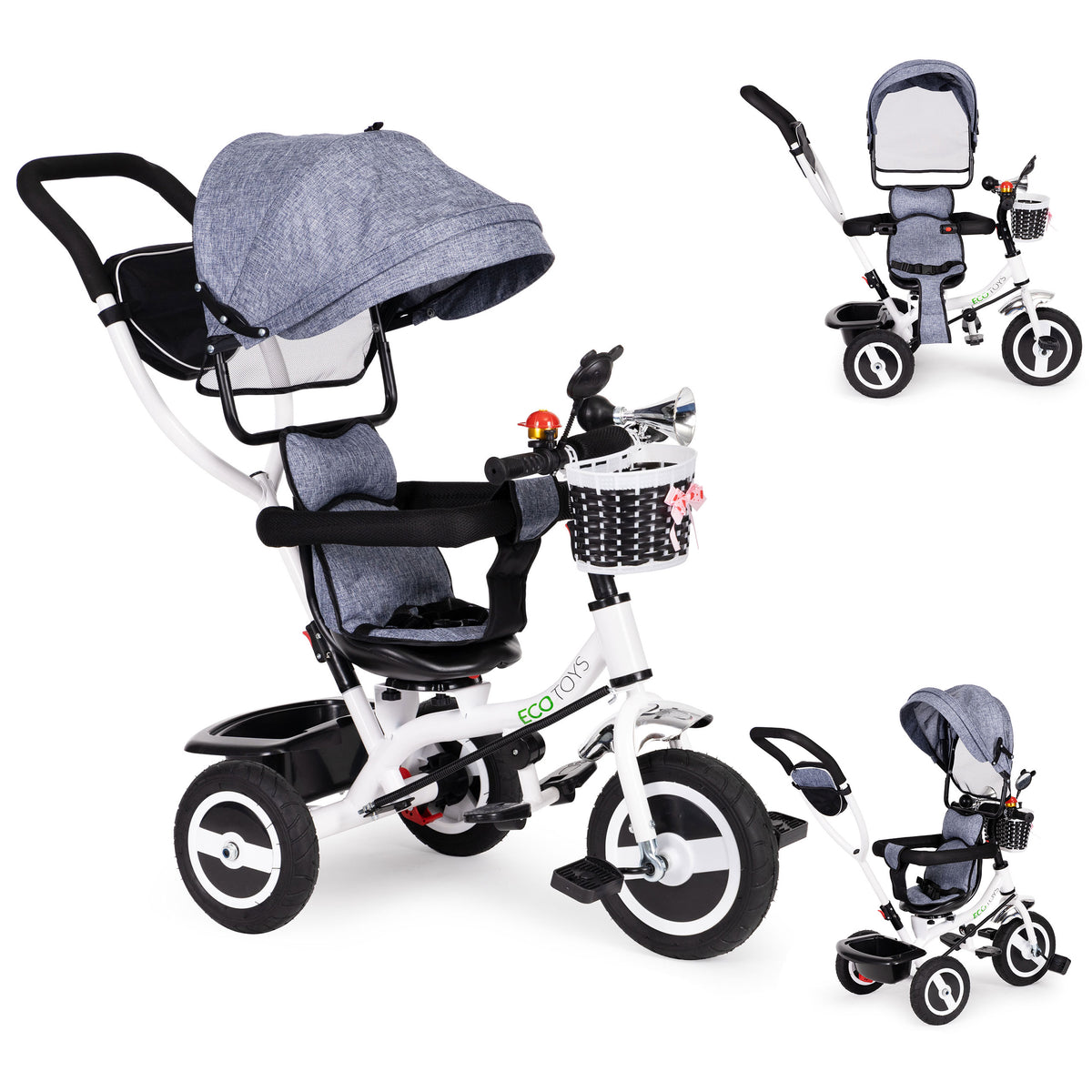 Trīsritenis ar jumtiņu un gumijas riteņiem, pelēks | EcoToys