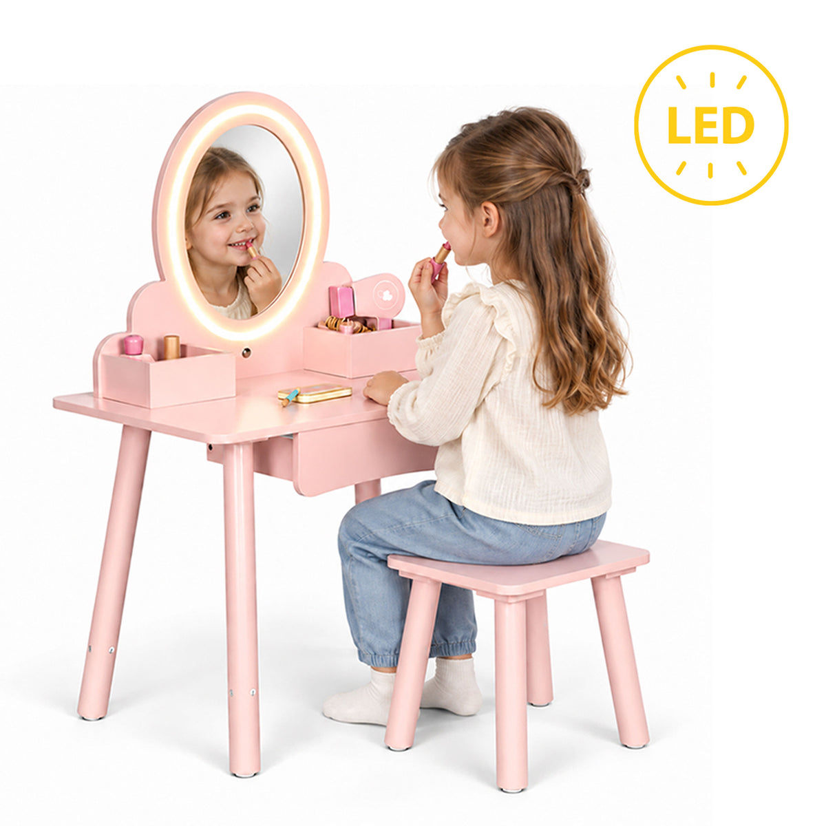 Koka bērnu tualetes galdiņš ar LED spoguli, atvilktni, krēsliņu un 6 piederumiem, rozā | EcoToys