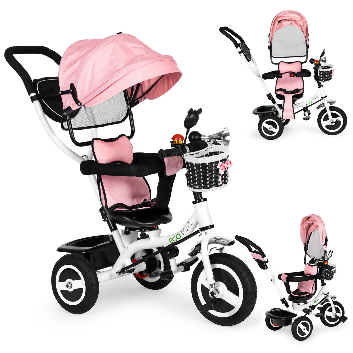 Trīsritenis ar jumtiņu un gumijas riteņiem, rozā | EcoToys