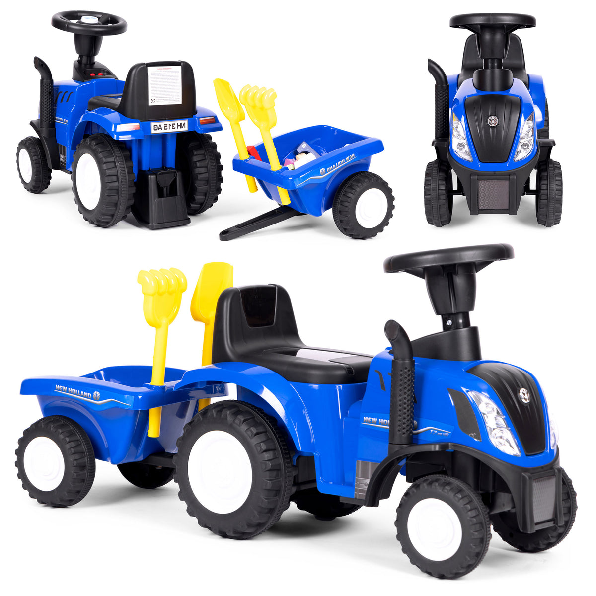 Bērnu stumjamais traktors New Holland ar piekabi, interaktīvu stūri un skaņām, zils | EcoToys