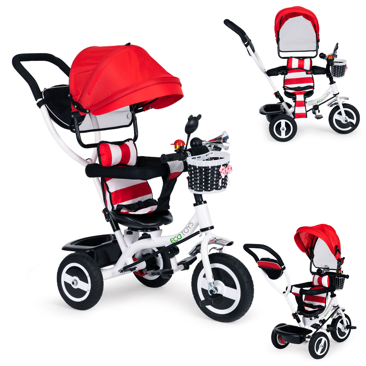 Trīsritenis ar jumtiņu un gumijas riteņiem, sarkans | EcoToys