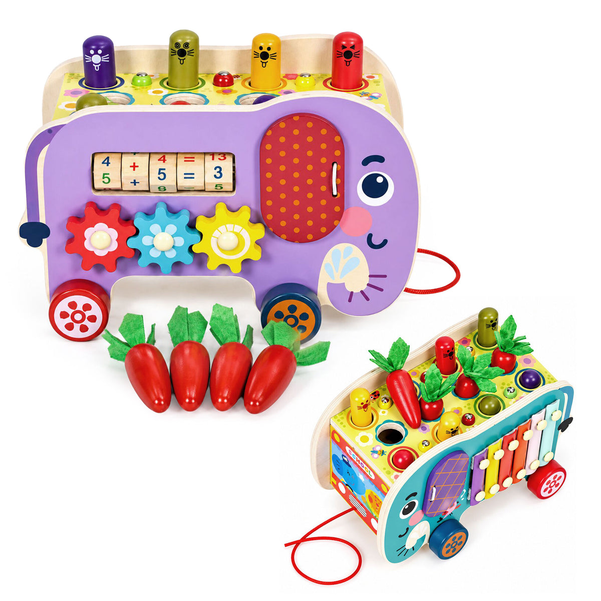 Koka aktivitāšu kubs 8in1 “Zilonis” – staigulis, šķirotājs, ksilofons, makšķerēšana | EcoToys