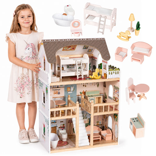 Koka leļļu māja “Laura”, 3 stāvi, 5 istabas, 15 mēbeles | EcoToys