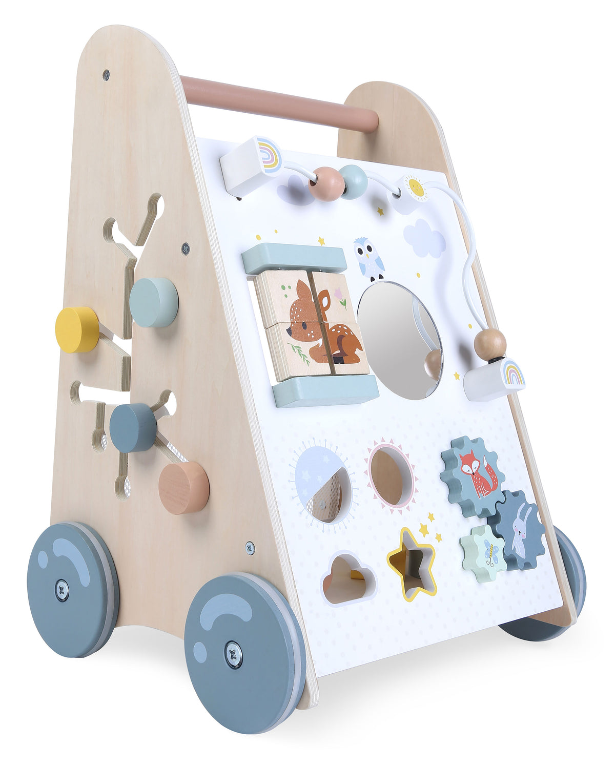 Koka izglītojošie stumjamie ratiņi ar kustīgiem elementiem | EcoToys