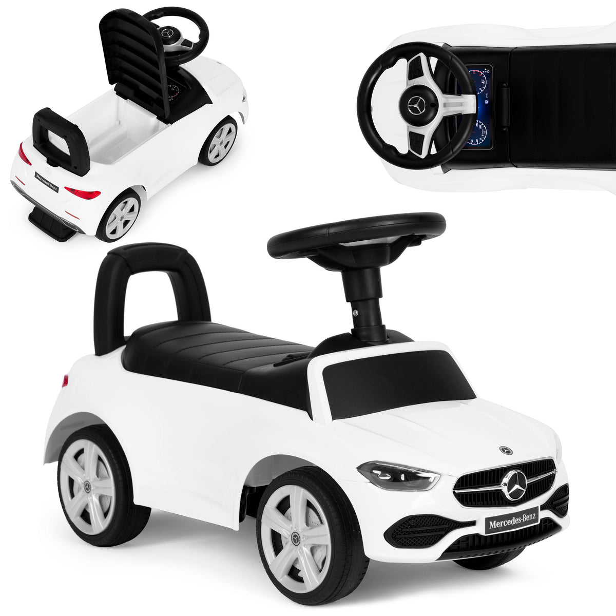 Mercedes C CLASS stumjamā mašīna ar interaktīvu stūri un skaņām, balta | EcoToys