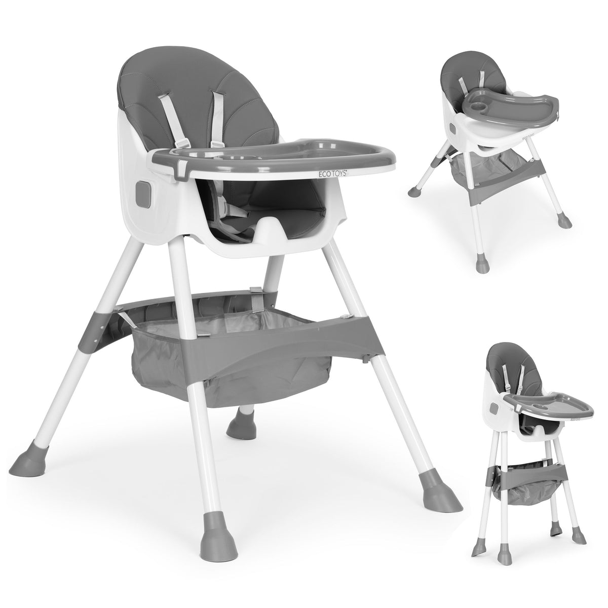 Barošanas krēsliņš ar paplāti, grozu un 5 punktu jostu, pelēks | EcoToys