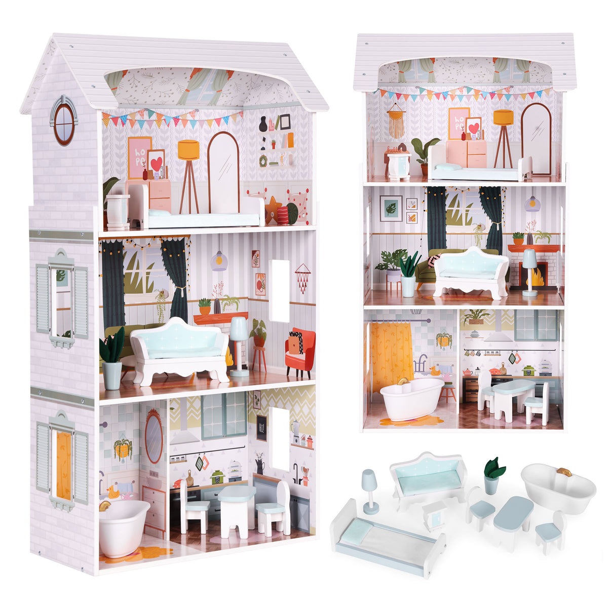 Leļļu māja “Alice” – 3 stāvi, 4 istabas, 9 mēbeles | EcoToys