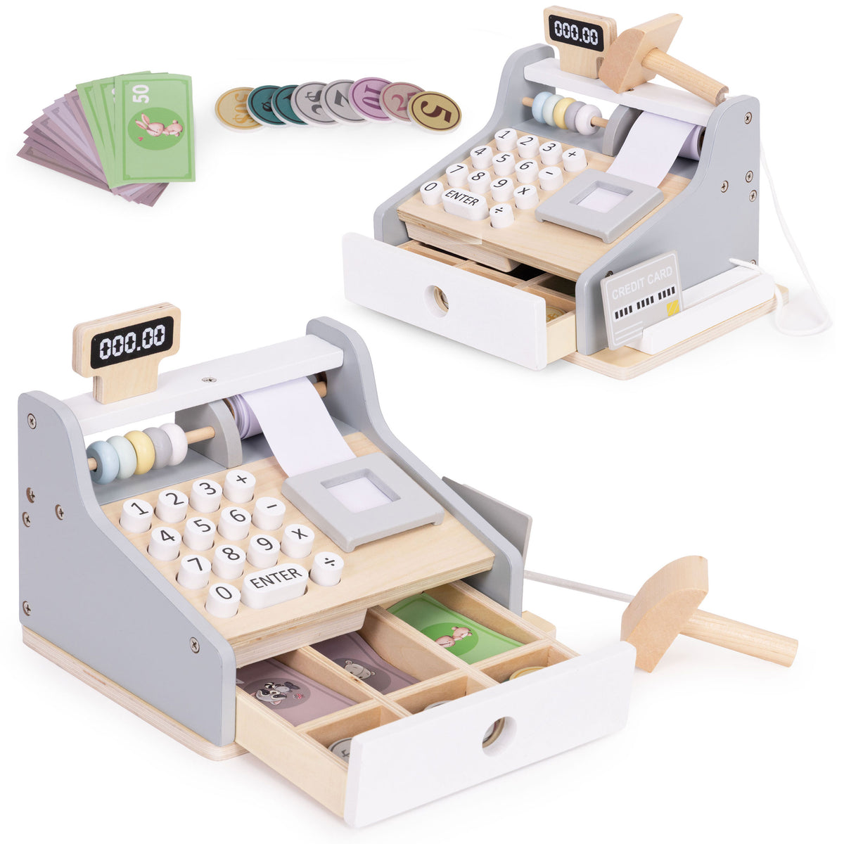 Koka bērnu kases aparāts ar skeneri, banknotēm, monētām un karti | EcoToys