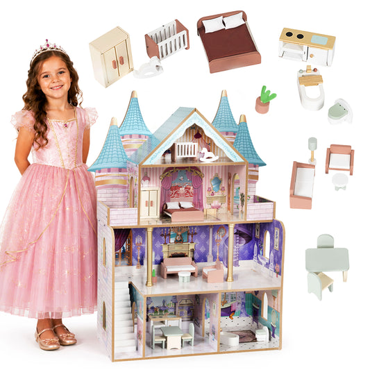 Koka leļļu māja “Bella Castle”, 4 stāvi, 5 istabas, 15 mēbeles | EcoToys
