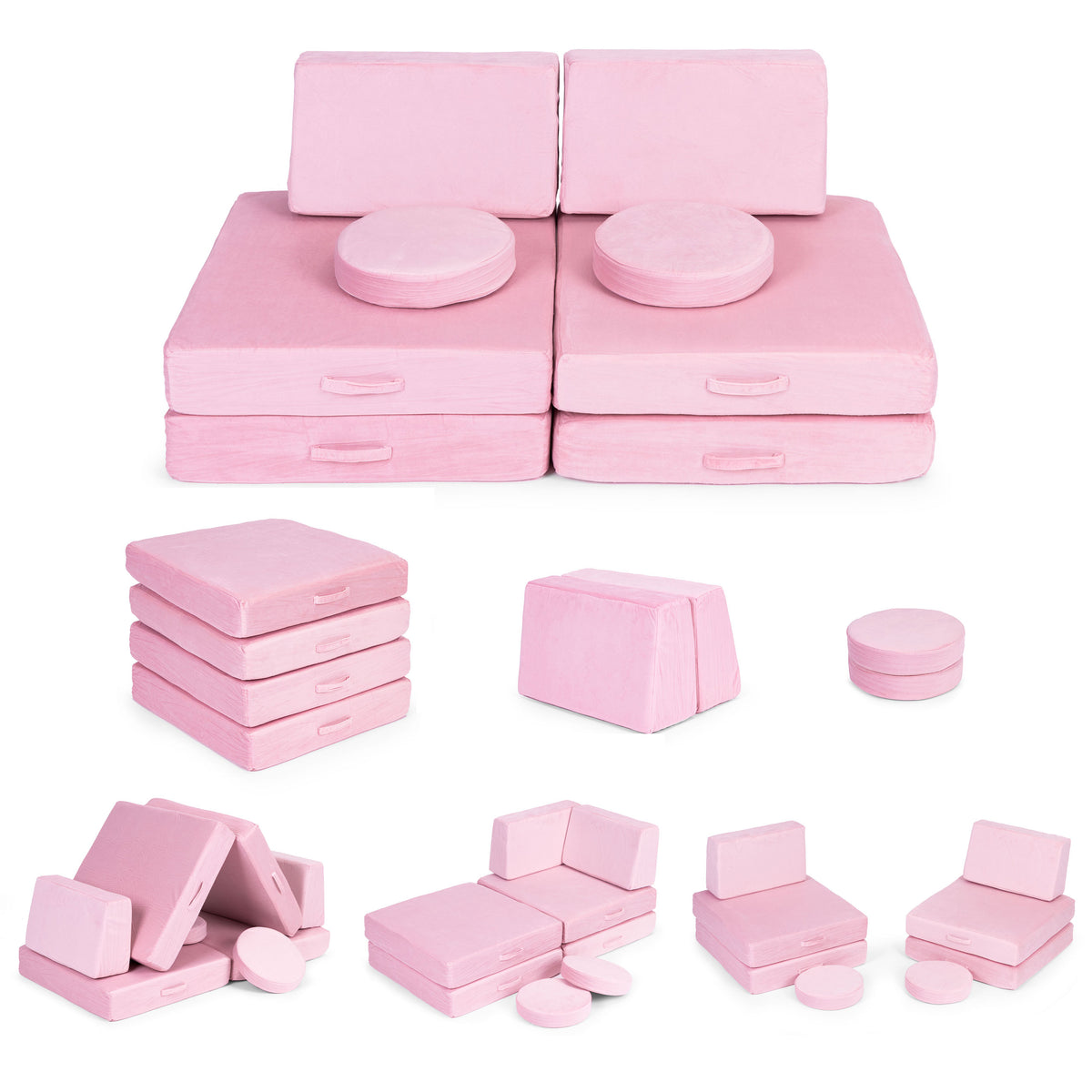 Liels saliekams modulārs bērnu dīvāns DIY, 8 mīksti spilveni, rozā | EcoToys
