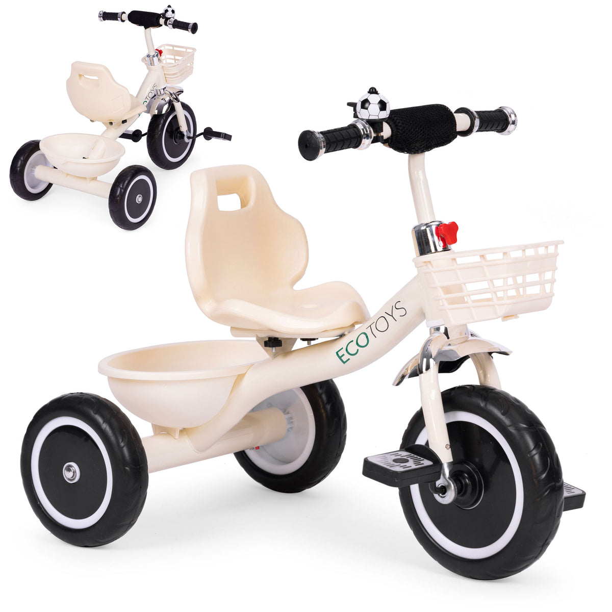 Trīsritenis ar neslīdošiem rokturiem, zvaniņu un groziņu, bēšs | EcoToys