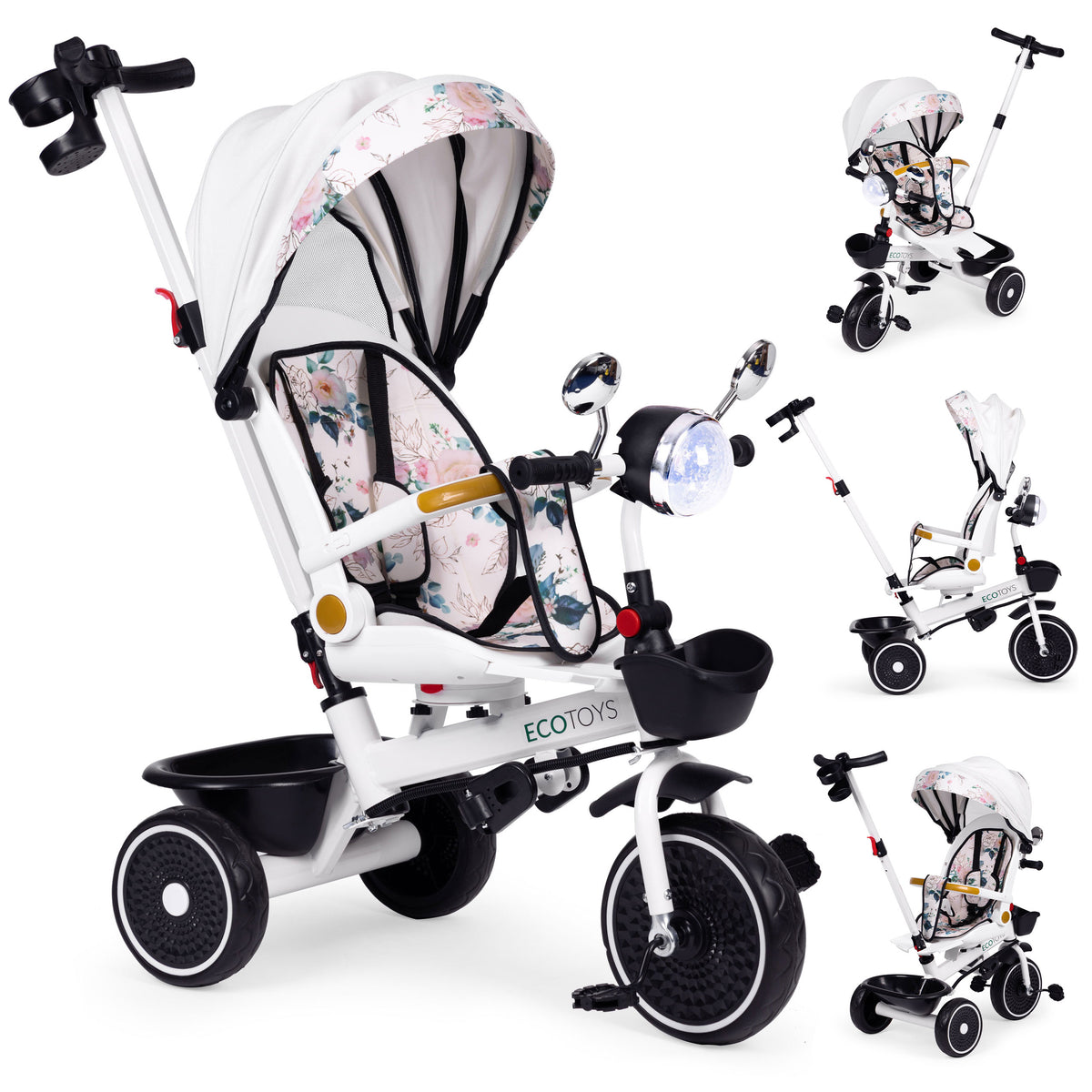 Trīsritenis – ratiņi ar grozāmu sēdekli, stumšanas rokturi un jumtiņu | EcoToys