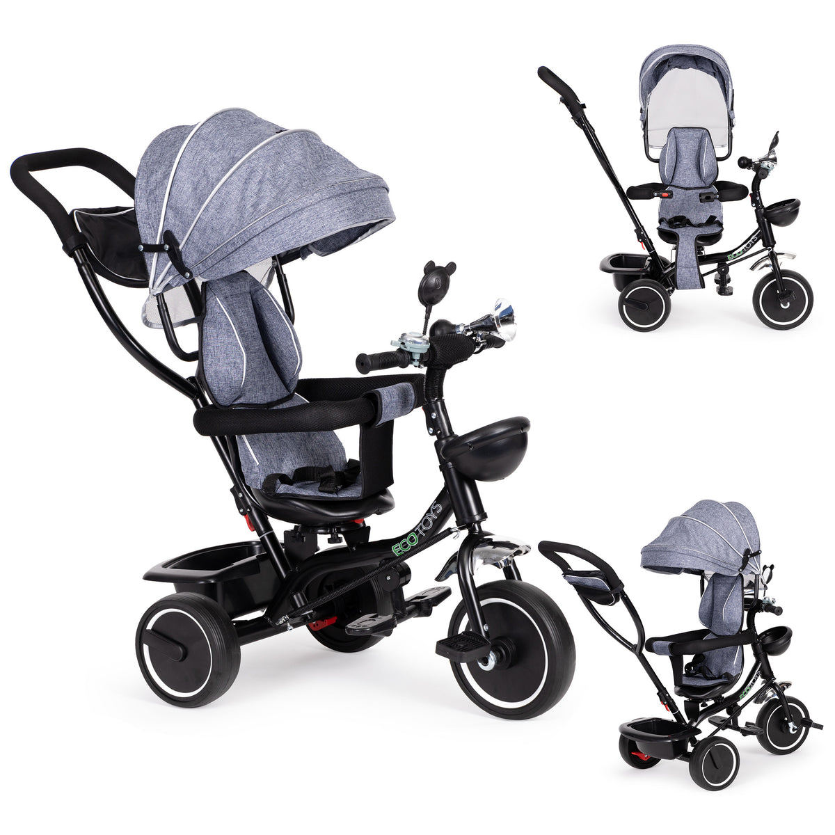 Trīsritenis ar grozāmu sēdekli un jumtiņu, pelēks | EcoToys