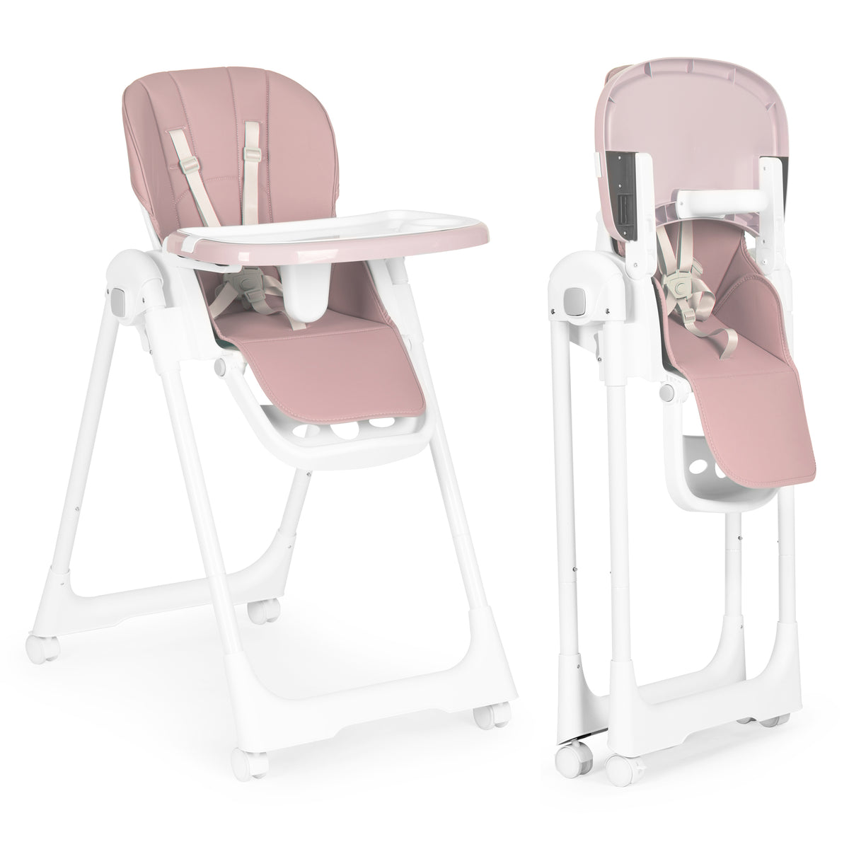 Barošanas krēsliņš ar regulējamu augstumu, eko ādu, drošības jostu un dubultu paplāti, rozā | EcoToys