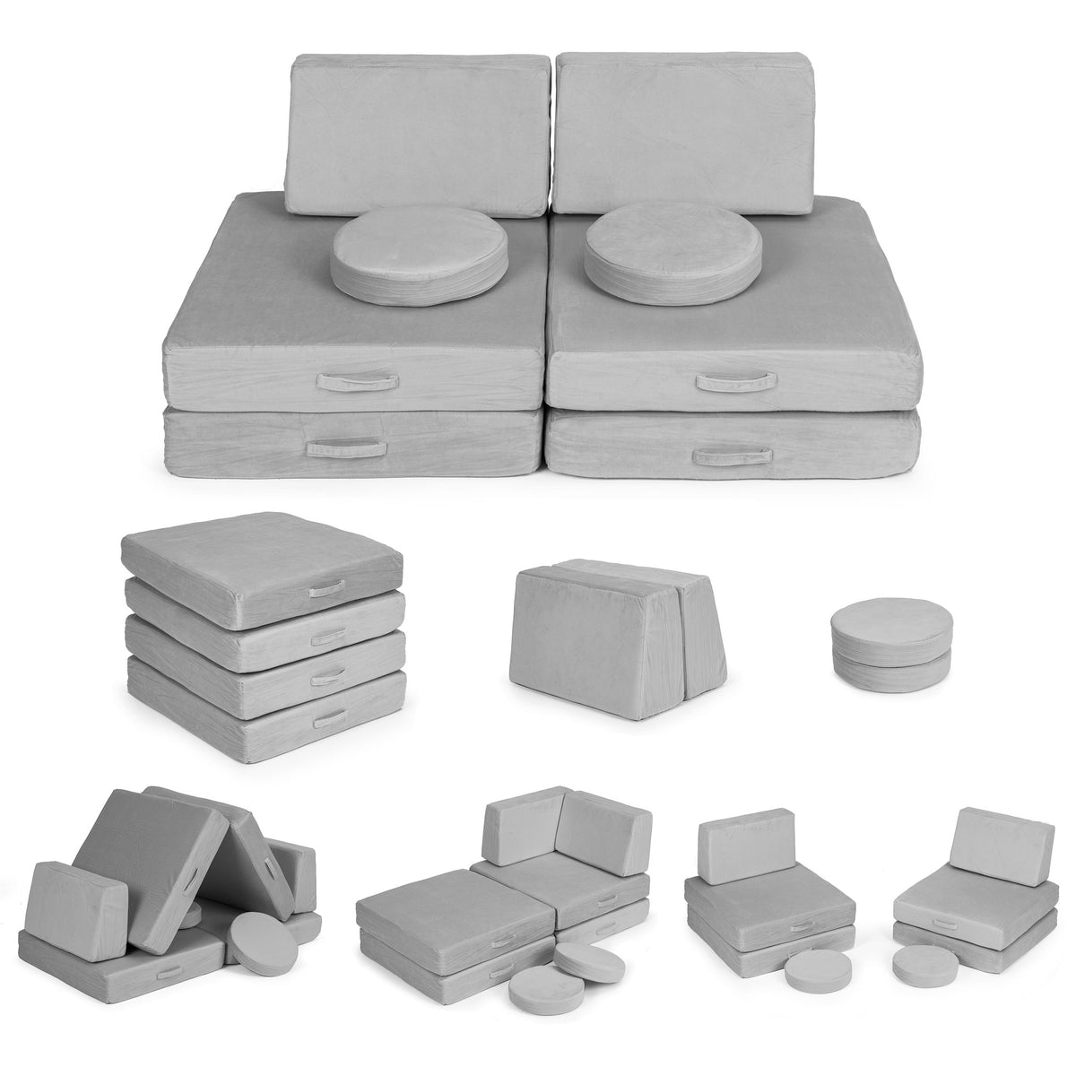 Liels saliekams modulārs bērnu dīvāns DIY, 8 mīksti spilveni, pelēks | EcoToys