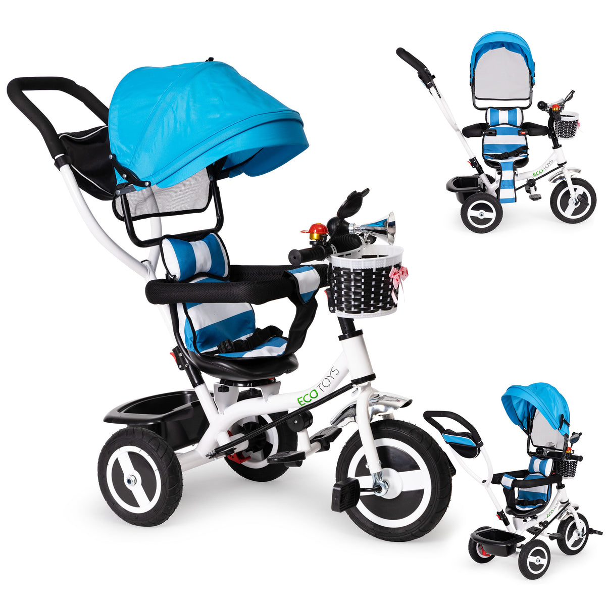Trīsritenis ar jumtiņu un gumijas riteņiem, zils | EcoToys
