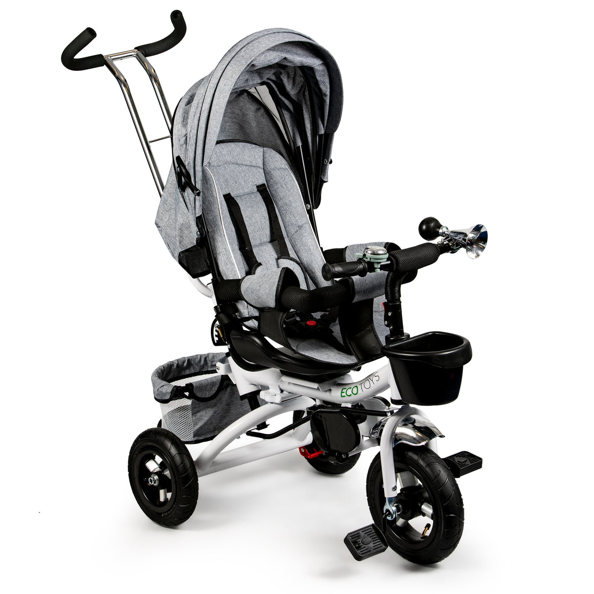 Trīsritenis ar 360° grozāmu sēdekli un jumtiņu Deluxe, pelēks | EcoToys