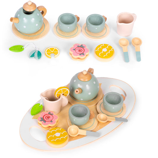 Koka tējas servīze ar tējkannu un tasītēm, 14 gab. | EcoToys
