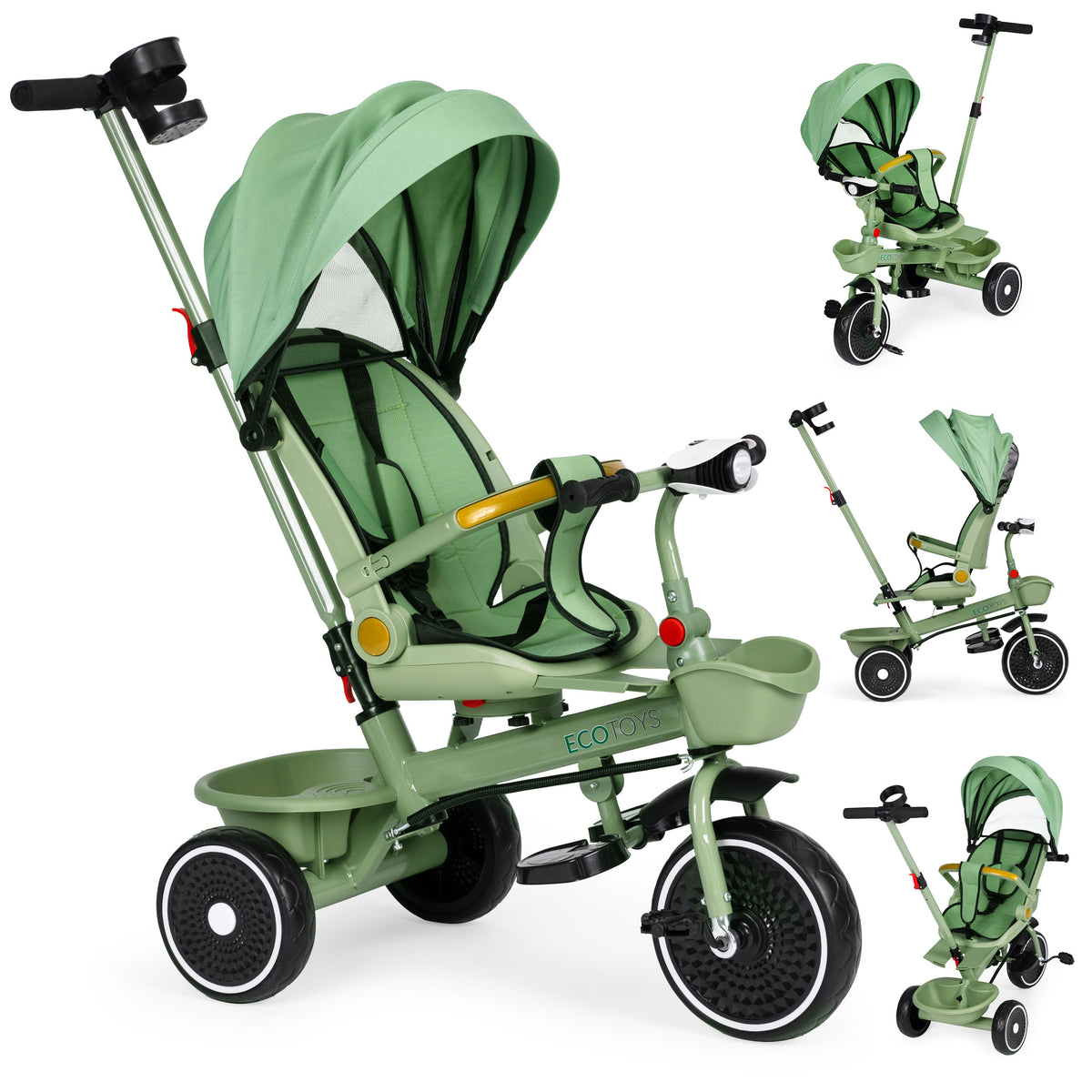 Trīsritenis – ratiņi 2in1 ar grozāmu sēdekli un saliekamu jumtiņu, zaļš | EcoToys