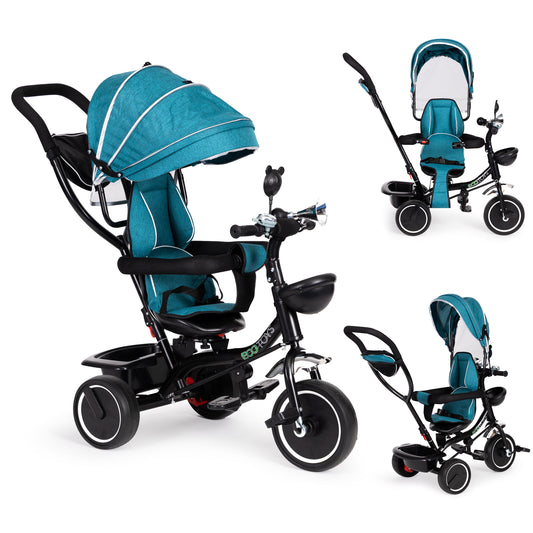 Trīsritenis ar grozāmu sēdekli un jumtiņu, zili zaļš | EcoToys