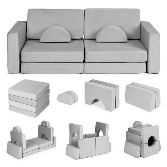 Liels divvietīgs modulārs bērnu dīvāns DIY, 10 mīksti spilveni, pelēks | EcoToys