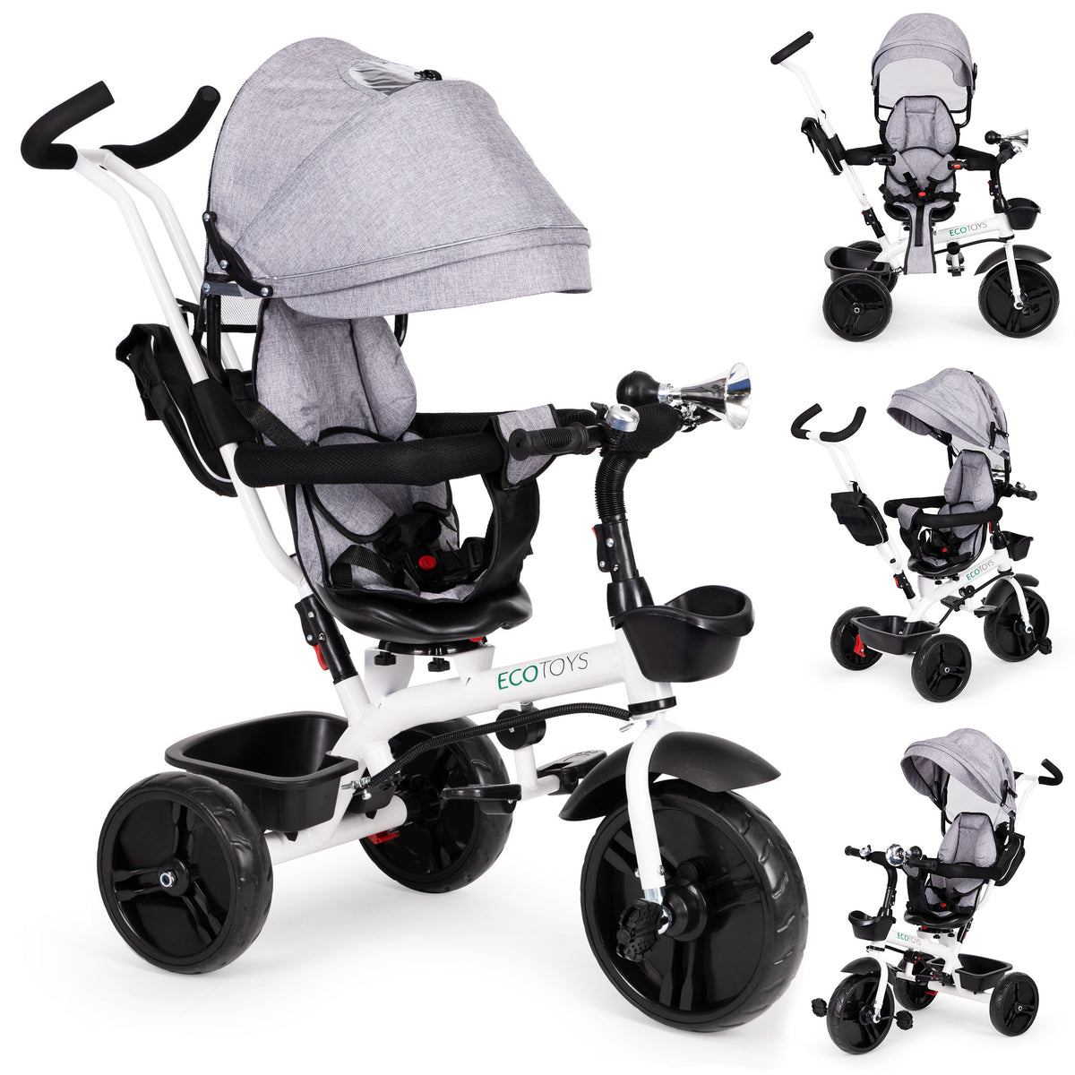 Trīsritenis ar 360° grozāmu sēdekli un jumtiņu, pelēks | EcoToys