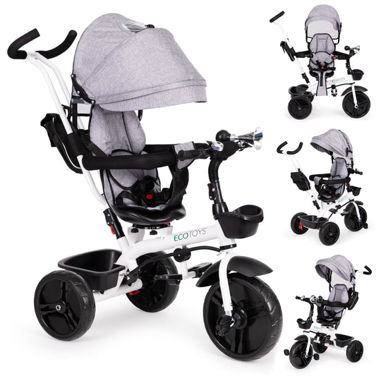 Trīsritenis ar 360° grozāmu sēdekli un jumtiņu, pelēks | EcoToys