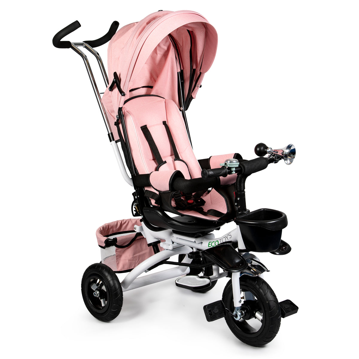 Trīsritenis ar 360° grozāmu sēdekli un jumtiņu Deluxe, rozā | EcoToys