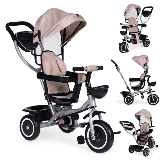 Trīsritenis – ratiņi 2in1 ar grozāmu sēdekli un saliekamu jumtiņu, bēšs | EcoToys