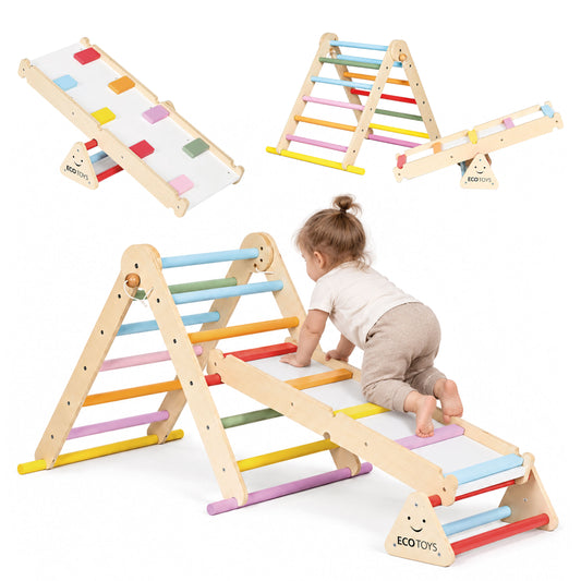 Koka Montessori kāpelēšanas komplekts ar kāpnēm un līdzsvara baļķi “LUNA” | EcoToys