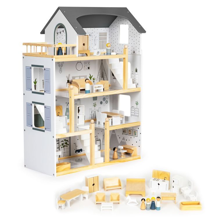 Leļļu namiņš ar 18 koka mēbeļu komplektu ECO HOME
